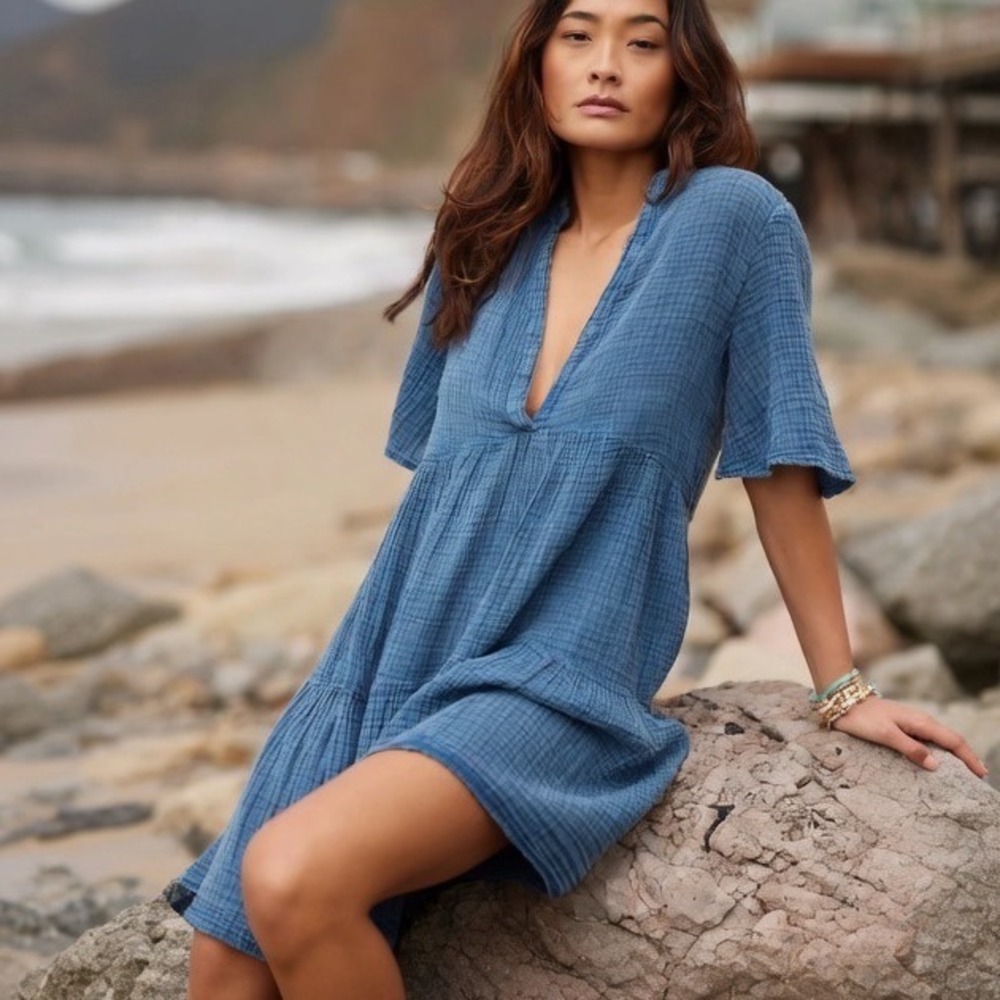 Anthropologie Kallie Tunic‎ Shirt Dress Tiered V Neck Short Sleeve Gauze Small